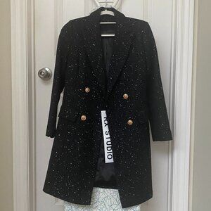 NWT Black Metallic Tweed Double Breasted Winter Blazer Jacket Coat